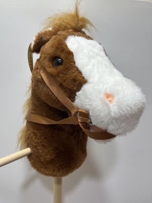 Brown Pony Stick Plush Toy Kids Riding Wooden Stick Horse Realistic Riding Interactive Toy with Reins