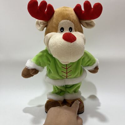 Christmas Musical Swinging Reindeer Plush Toy Head Shaking Wobbling Mechanism Green Elf Outfit Red-Nosed Reindeer